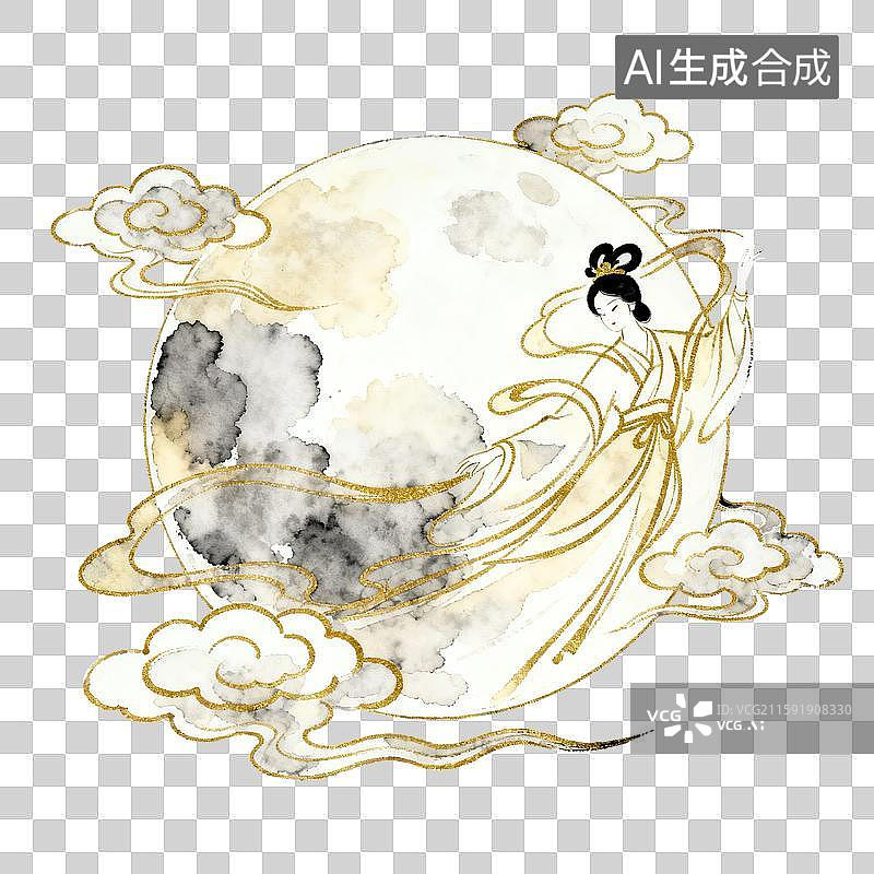 【AI数字艺术】手绘金色线条中秋嫦娥奔月古风插画图片素材