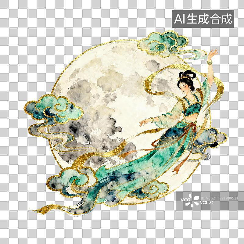 【AI数字艺术】古风嫦娥奔月水彩插画图片素材