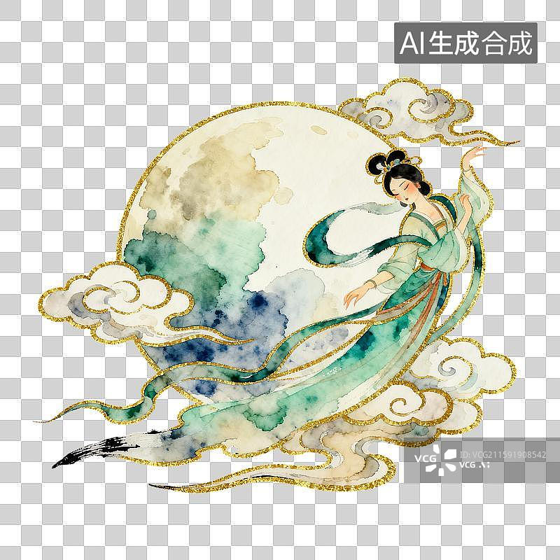 【AI数字艺术】古风嫦娥奔月水彩插画图片素材