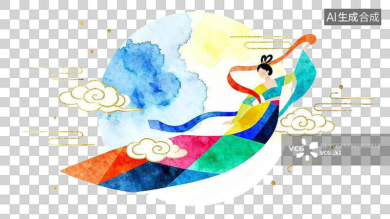 【AI数字艺术】中秋嫦娥奔月水彩插画图片素材