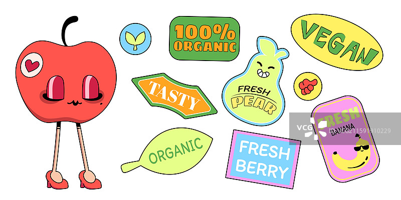 可爱的复古水果贴纸套装图片素材