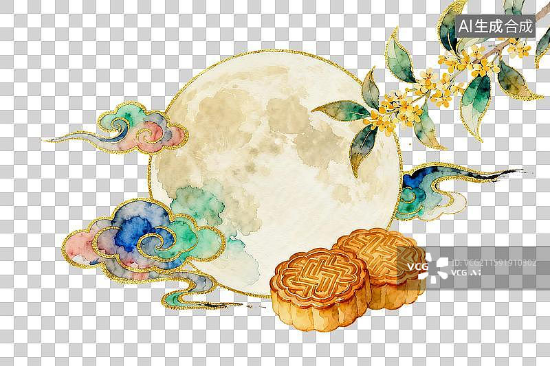 【AI数字艺术】中秋满月月饼元素水彩插画图片素材