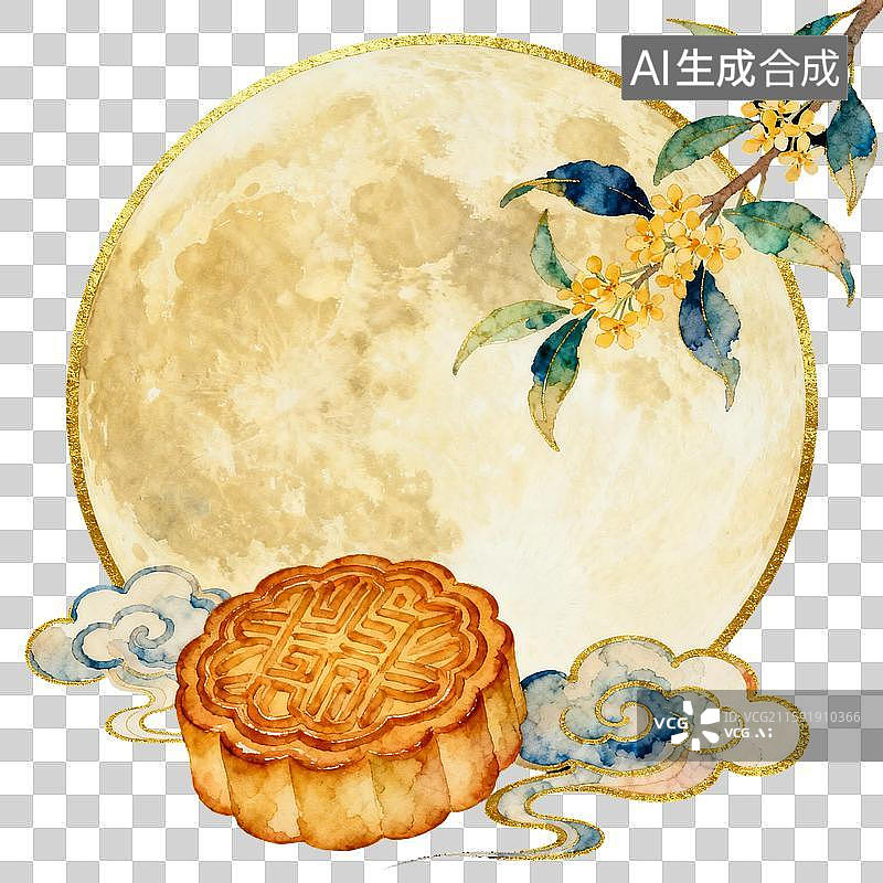 【AI数字艺术】中秋满月月饼元素水彩插画图片素材