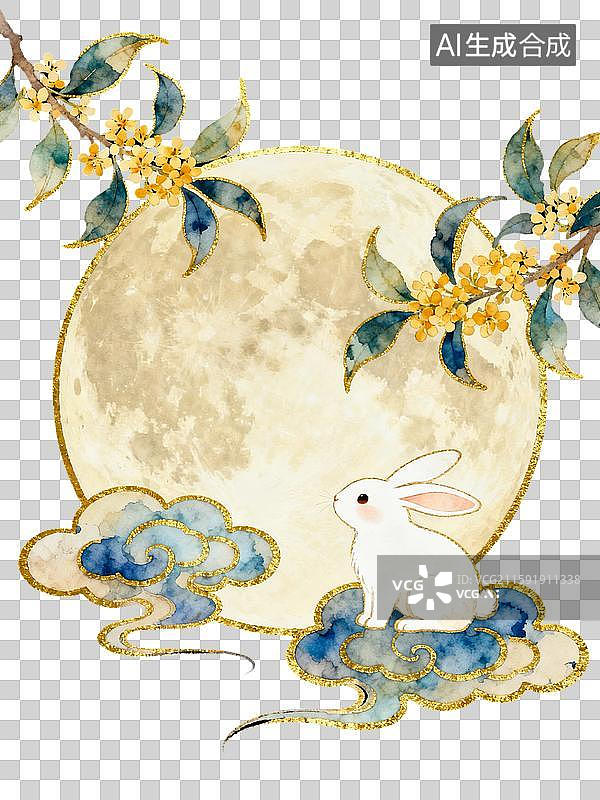 【AI数字艺术】桂花枝下玉兔望满月古风插画图片素材