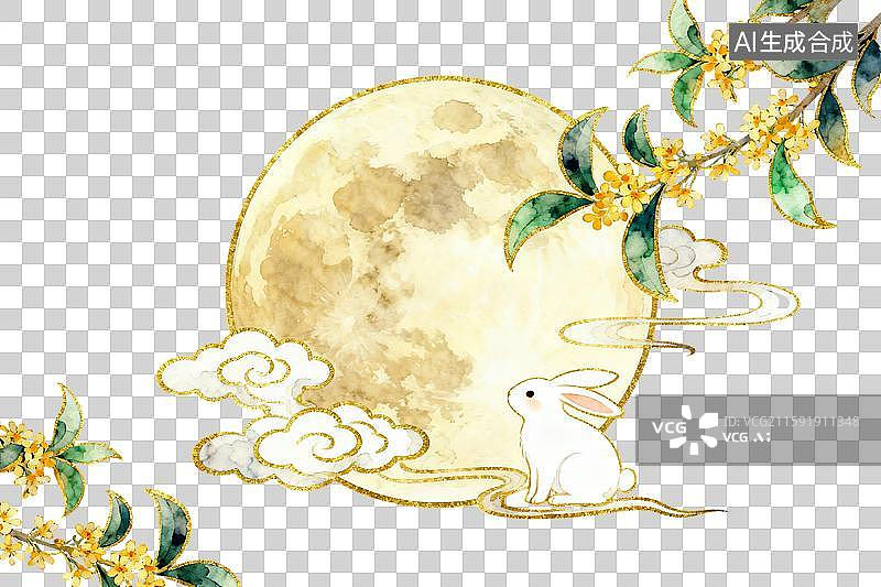 【AI数字艺术】桂花枝下玉兔望满月古风插画图片素材