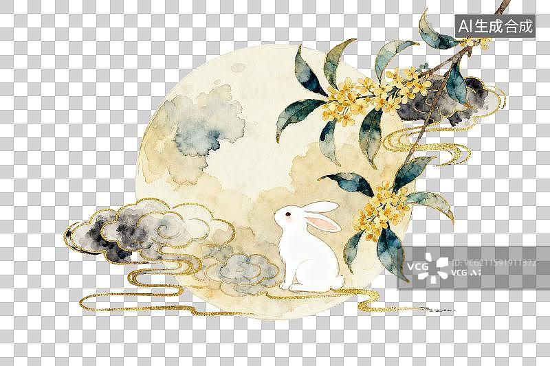【AI数字艺术】桂花枝下玉兔望满月古风插画图片素材