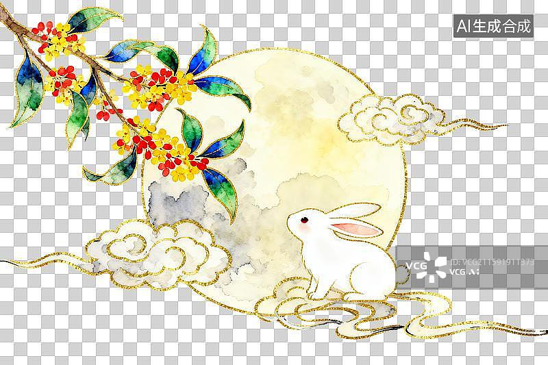 【AI数字艺术】桂花枝下玉兔望满月古风插画图片素材