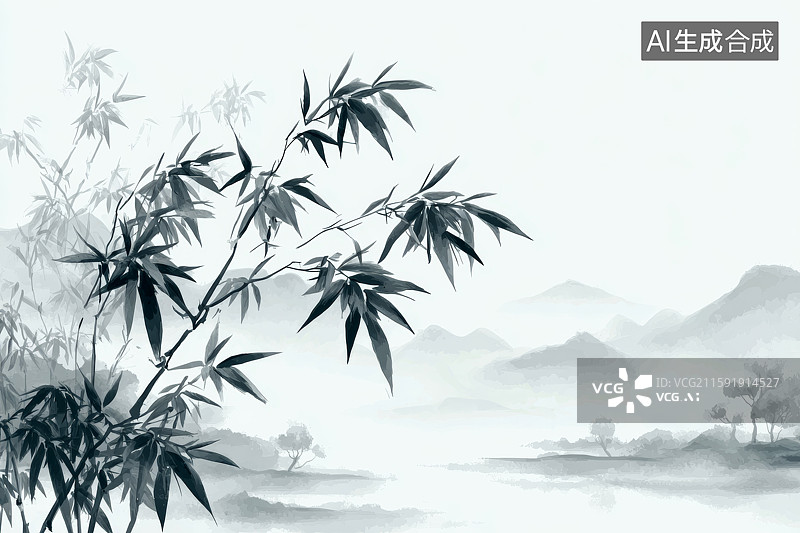 【AI数字艺术】水墨竹景与朦胧山峦图图片素材