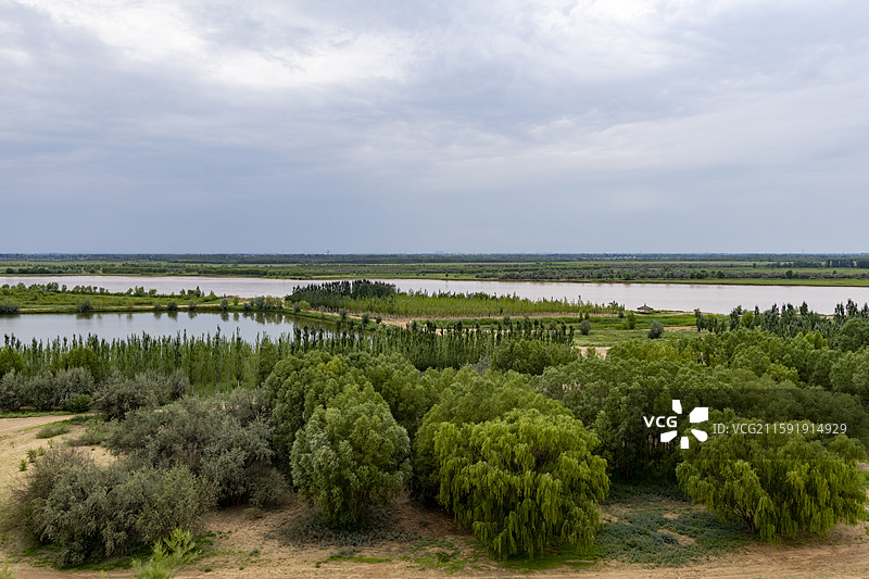 宁夏银川市黄沙古渡的黄沙、白云、绿洲图片素材