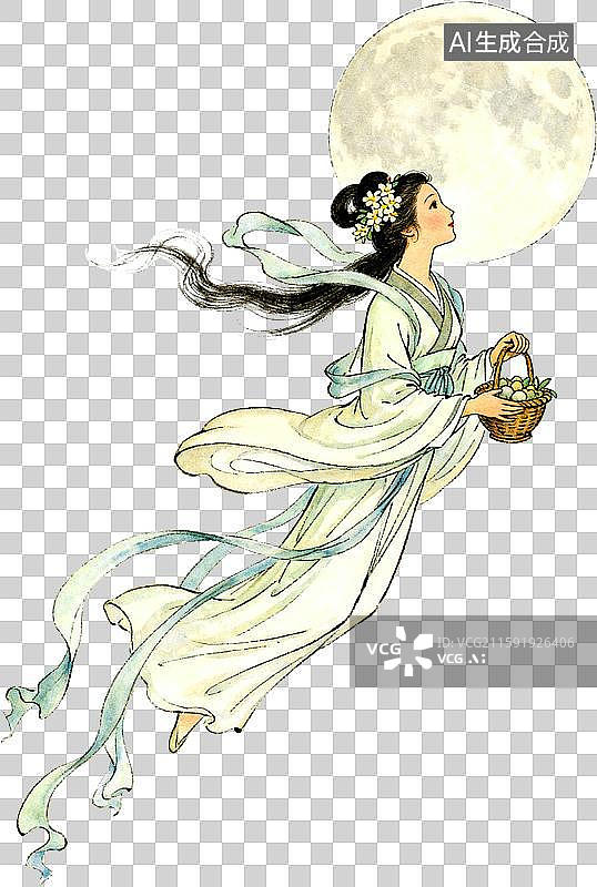 【AI数字艺术】神话传说中秋嫦娥奔月玉兔满月古风插画免抠元素图片素材