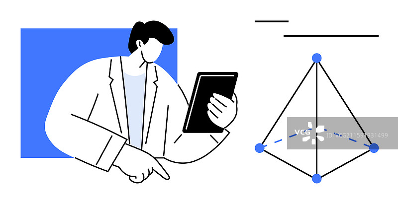 男子使用平板电脑分析数字数据，旁边有3D图形。图片素材