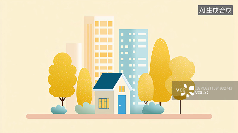 【AI数字艺术】秋天城市建筑与树木扁平插画图片素材