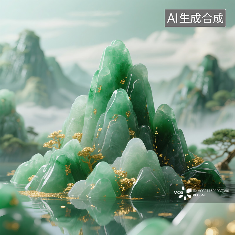 【AI数字艺术】玉石质感，青绿山水，金粉，通透，超级通透，3D，堆玉成山图片素材