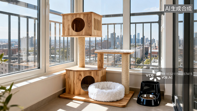【AI数字艺术】木质城市景观旁的宠物猫空间图片素材