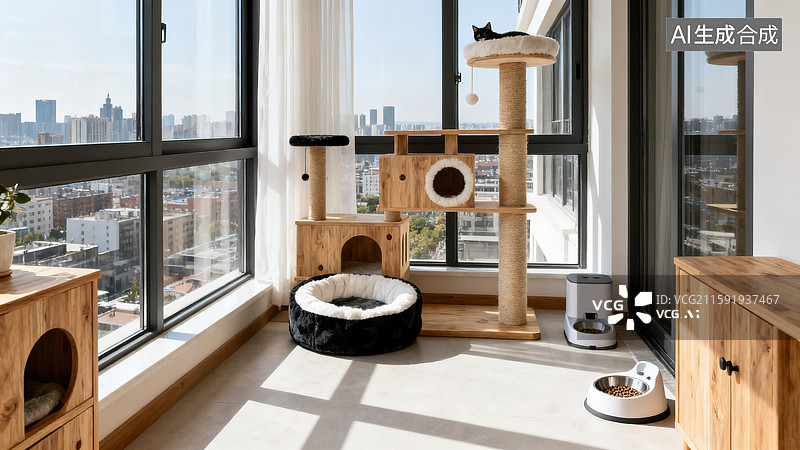 【AI数字艺术】木质城市景观旁的宠物猫空间图片素材
