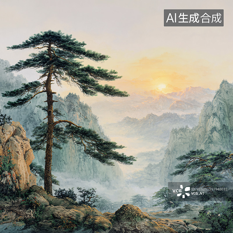 【AI数字艺术】山巅古松的东方意境图片素材