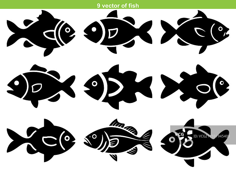 一组鱼类海鲜图标贴纸符号剪影图片素材