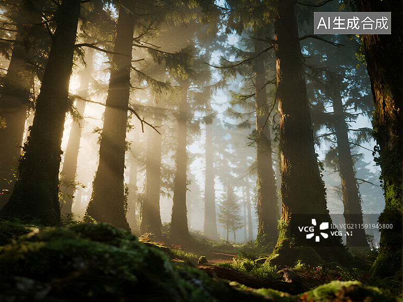【AI数字艺术】晨曦森林秘境：丁达尔光束下的诗意图片素材