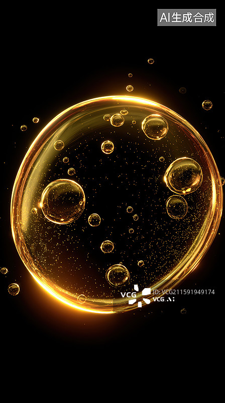 【AI数字艺术】金色液体中的气泡特写图片素材