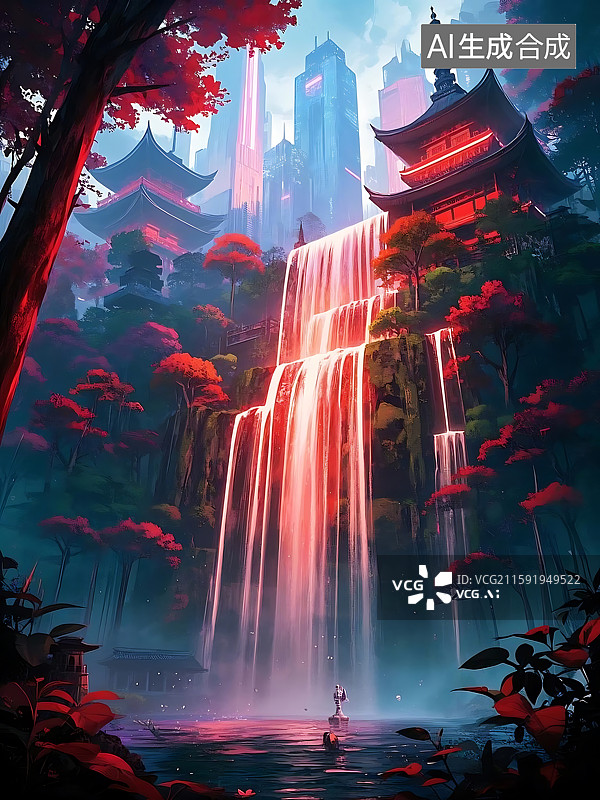 【AI数字艺术】都市瀑布禅意红叶图片素材