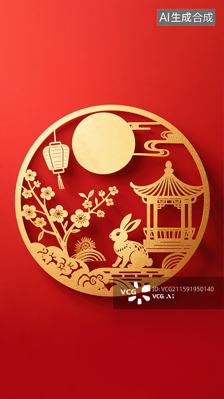 【AI数字艺术】中秋节玉兔广寒宫桂花树灯笼满月圆月新国风中式国潮风传统图案吉祥纹样装饰画微立体剪纸窗花创意艺术插图图片素材