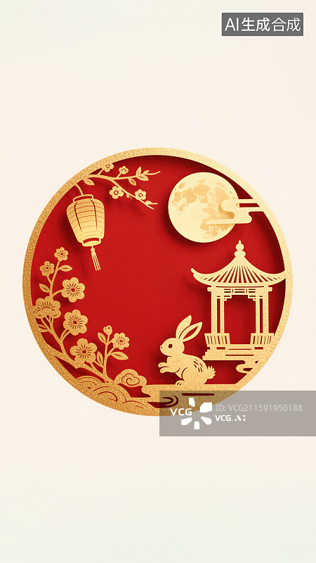 【AI数字艺术】中秋节玉兔广寒宫桂花树灯笼满月圆月新国风中式国潮风传统图案吉祥纹样装饰画微立体剪纸窗花创意艺术插图图片素材