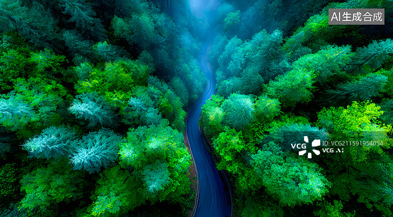 【AI数字艺术】森林里一条弯曲的道路图片素材