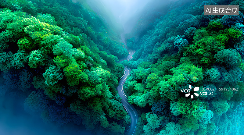 【AI数字艺术】森林里一条弯曲的道路图片素材