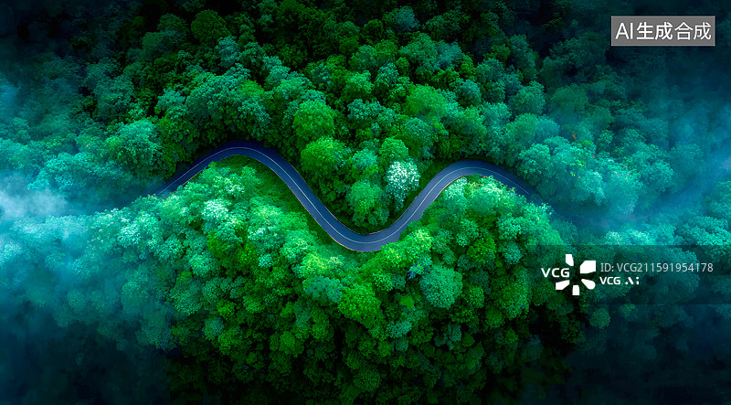 【AI数字艺术】森林里一条弯曲的道路图片素材