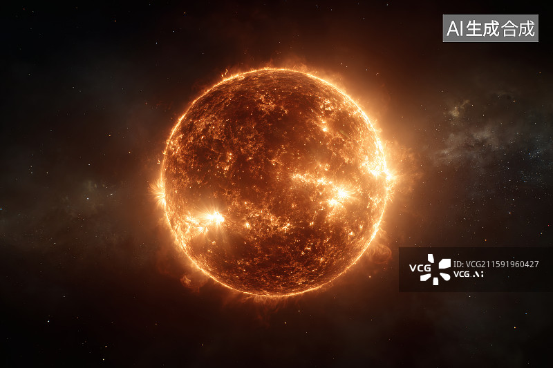 【AI数字艺术】太空视角，一颗发光燃烧着的星球，太阳图片素材