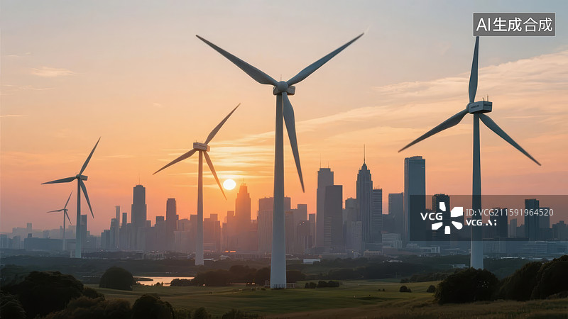 【AI数字艺术】风力发电机与城市天际线图片素材