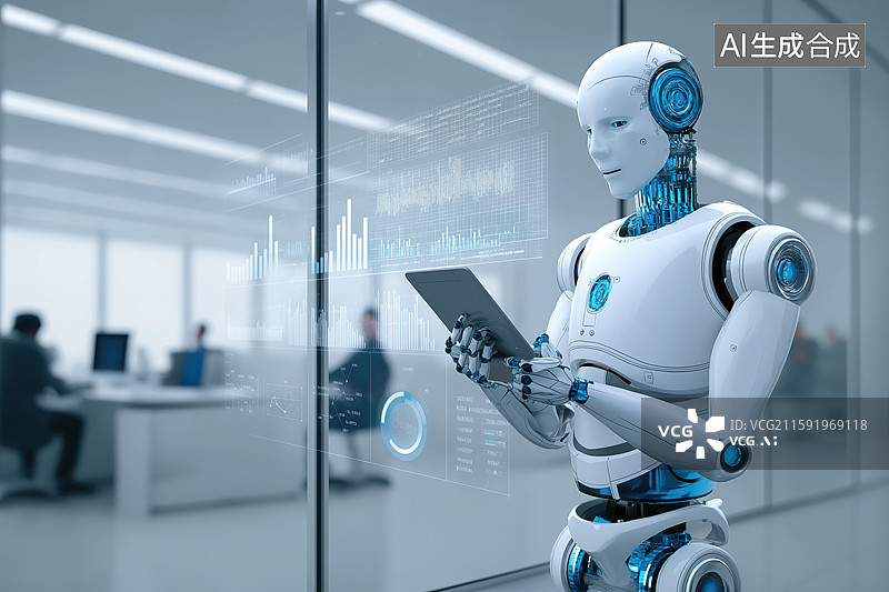 【AI数字艺术】机器人在办公室使用平板电脑图片素材