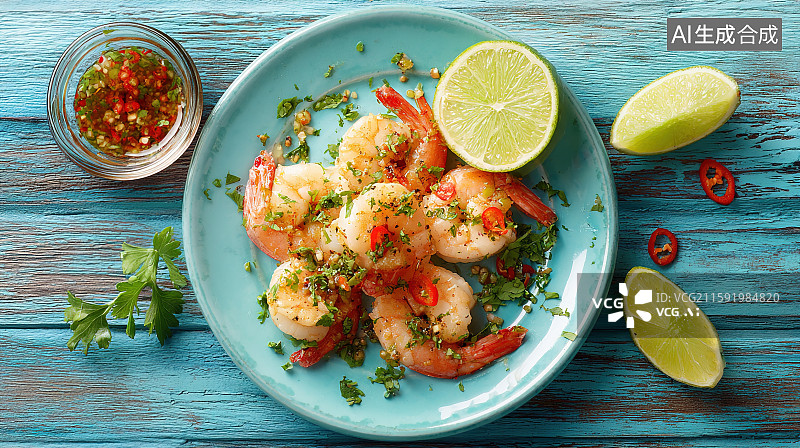 【AI数字艺术】美味中式炒虾与青柠薄荷叶图片素材