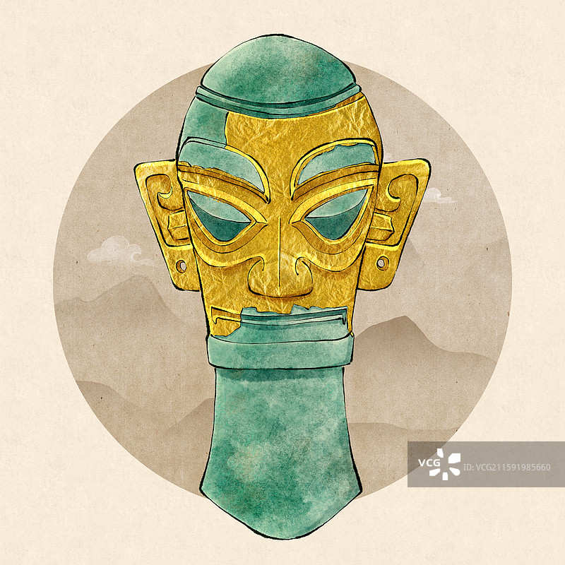 广汉三星堆文物 黄金面具青铜人头像国风插画图片素材