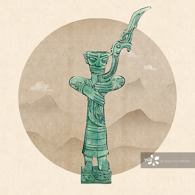 广汉三星堆文物 青铜持鸟立人像国风插画图片素材