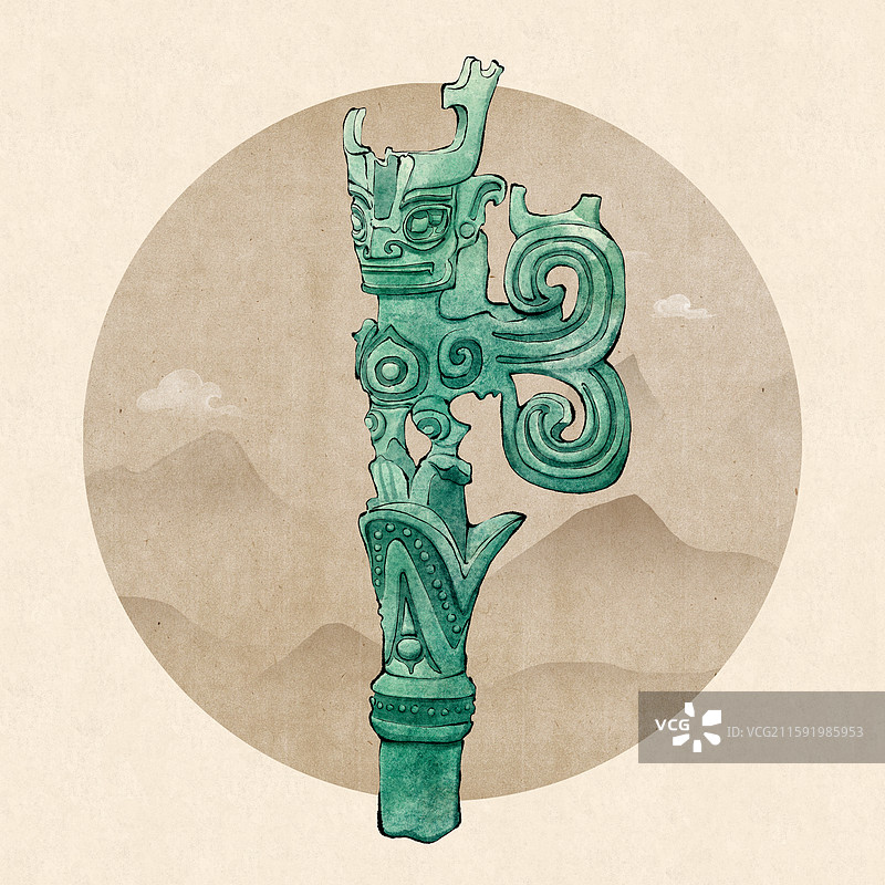 广汉三星堆文物 青铜人首鸟身像国风插画图片素材