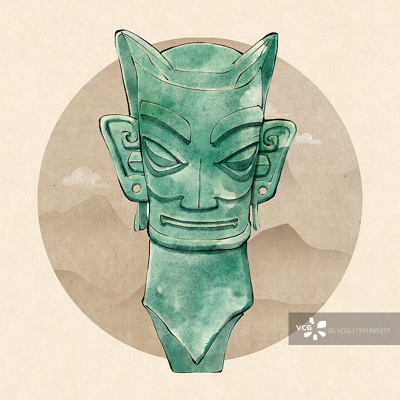 广汉三星堆文物 青铜人头像国风水墨插画图片素材