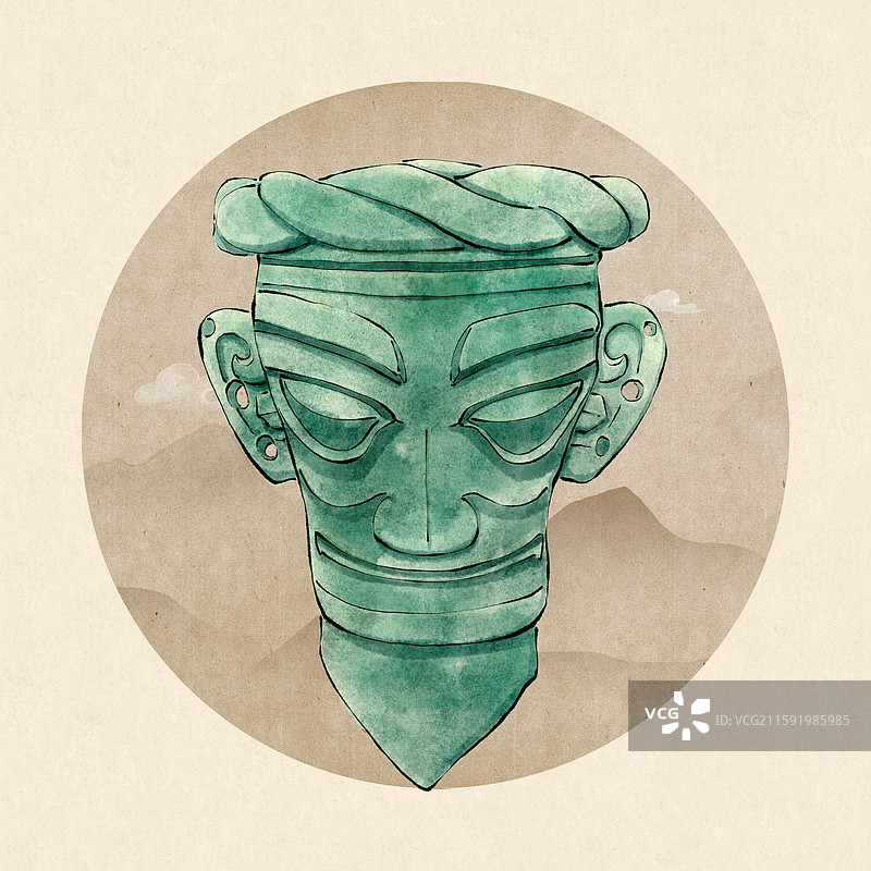 广汉三星堆文物 青铜人头像国风水墨插画图片素材