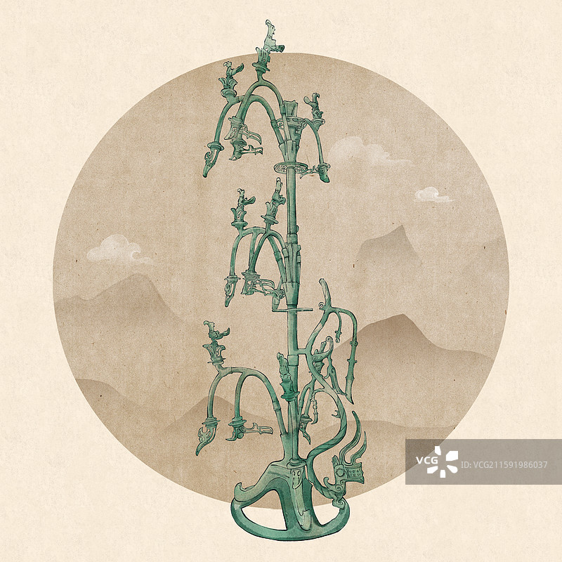 广汉三星堆文物 青铜神树国风水墨插画图片素材