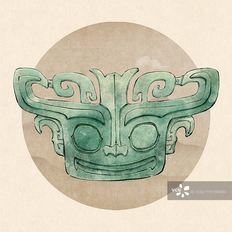 广汉三星堆文物 青铜兽面国风水墨插画图片素材
