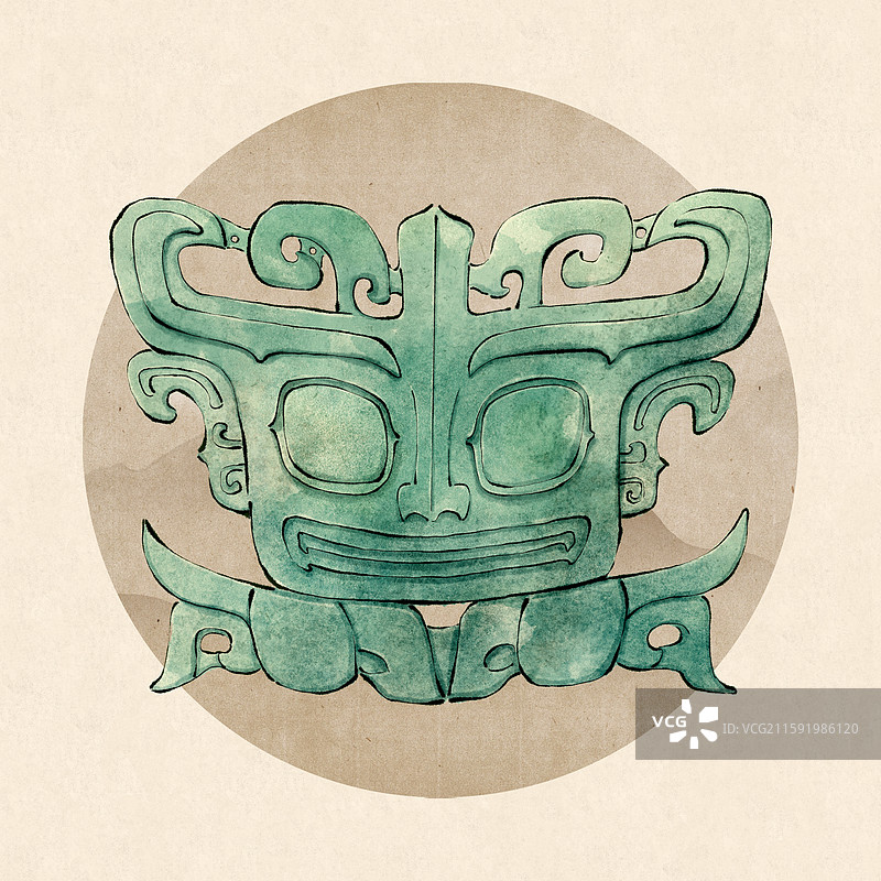 广汉三星堆文物 青铜兽面国风水墨插画图片素材