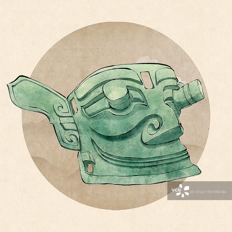 广汉三星堆文物 青铜纵目面具水墨插画图片素材