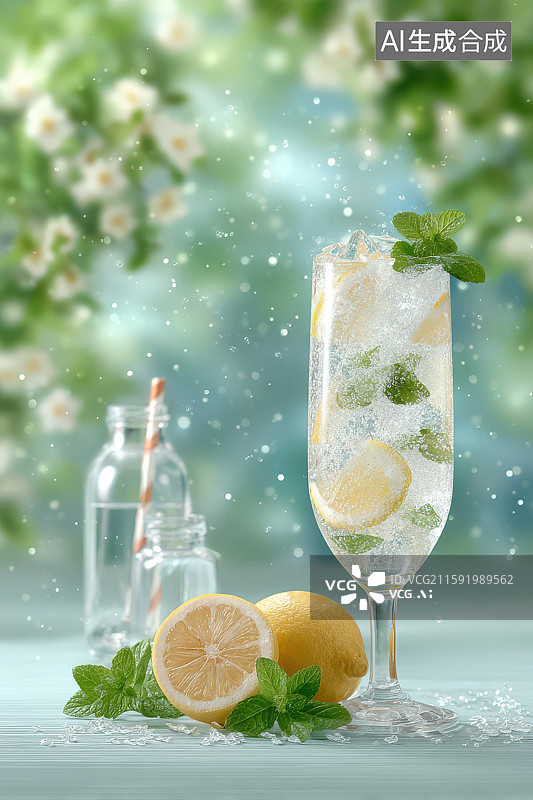 【AI数字艺术】柠檬薄荷气泡水夏日清凉饮品图片素材