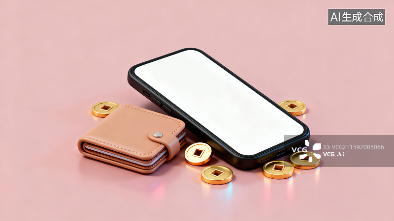 【AI数字艺术】纯色背景下一台黑色边框白色屏幕智能手机周边放置着浅棕色钱包和周边散落的方孔圆形金币硬币图片素材