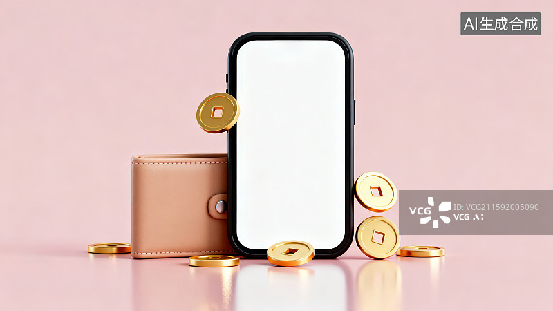 【AI数字艺术】纯色背景下一台黑色边框白色屏幕智能手机周边放置着浅棕色钱包和周边散落的方孔圆形金币硬币图片素材