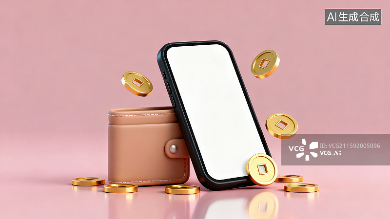 【AI数字艺术】纯色背景下一台黑色边框白色屏幕智能手机周边放置着浅棕色钱包和周边散落的方孔圆形金币硬币图片素材
