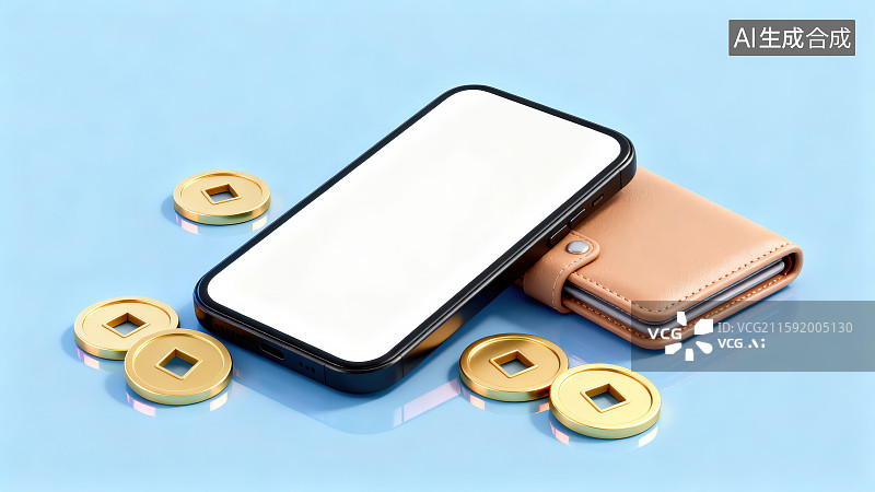 【AI数字艺术】纯色背景下一台黑色边框白色屏幕智能手机周边放置着浅棕色钱包和周边散落的方孔圆形金币硬币图片素材