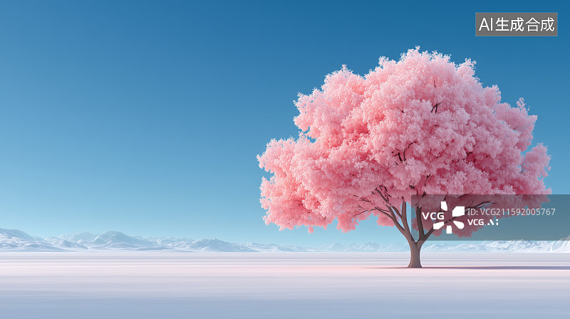 【AI数字艺术】粉色树在海边的梦幻景象图片素材