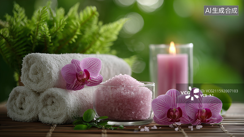 【AI数字艺术】白色毛巾浴盐放松场景图片素材