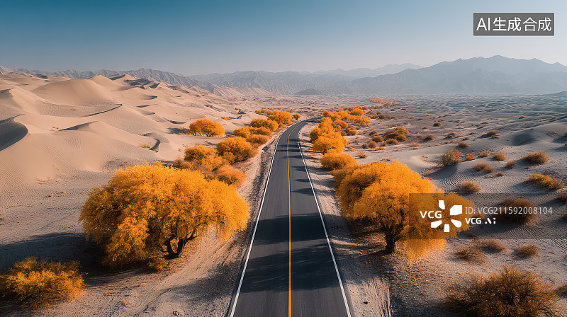 【AI数字艺术】沙漠中央的高速公路，路两边的胡杨树图片素材